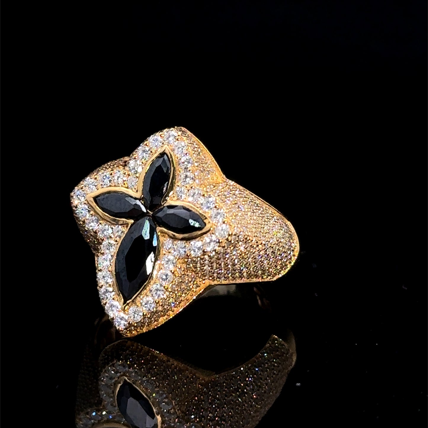 Yellow gold and diamond Cross Ring with Dark Fancy Pear Cut Gem Stones