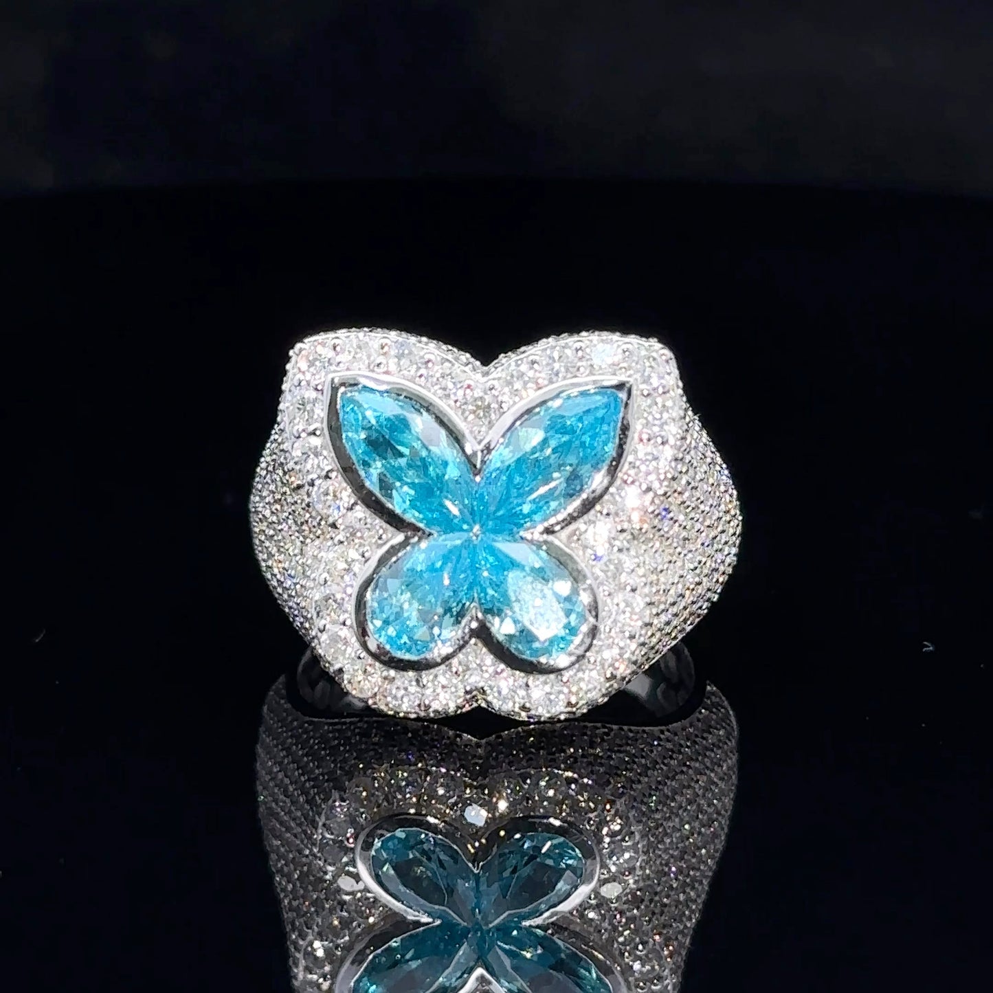 White gold and Diamond butterfly Ring with Blue Fancy Pear Cut Gem Stones