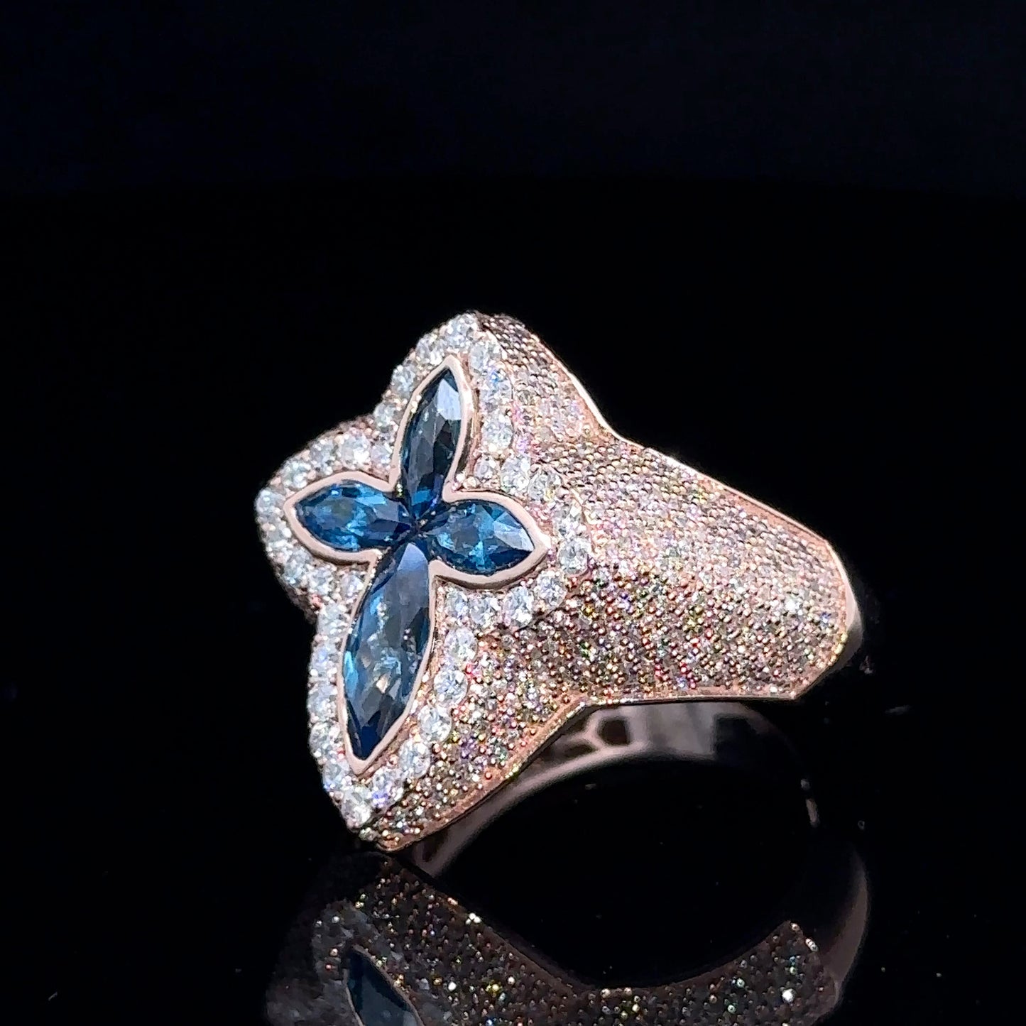 Rose gold and diamond Cross Ring with Blue Fancy Pear Cut Gem Stones