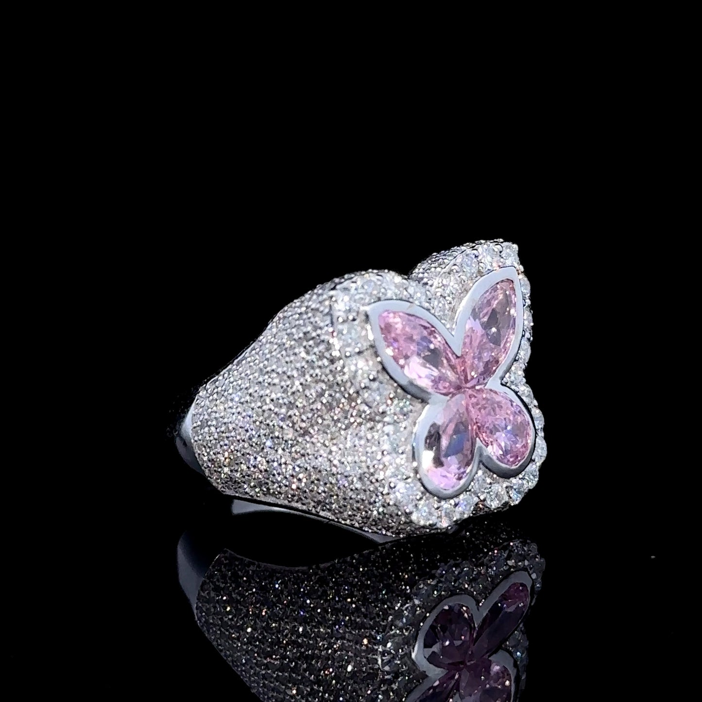 White gold and Diamond butterfly Ring with Pink Fancy Pear Cut Gem Stones