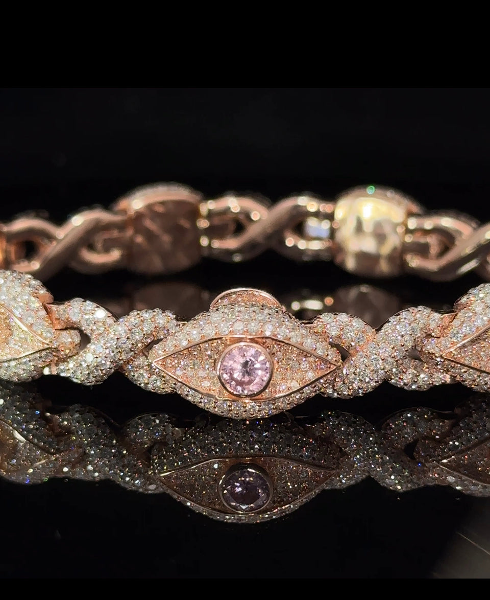 10k Rose gold and diamond Evil Eye Bracelet with pink Gemstones