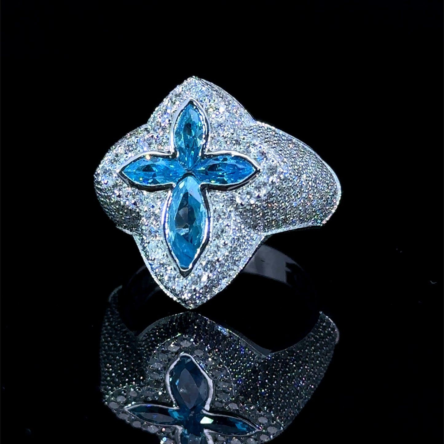 White gold and diamond Cross Ring with Blue Fancy Pear Cut Gem Stones
