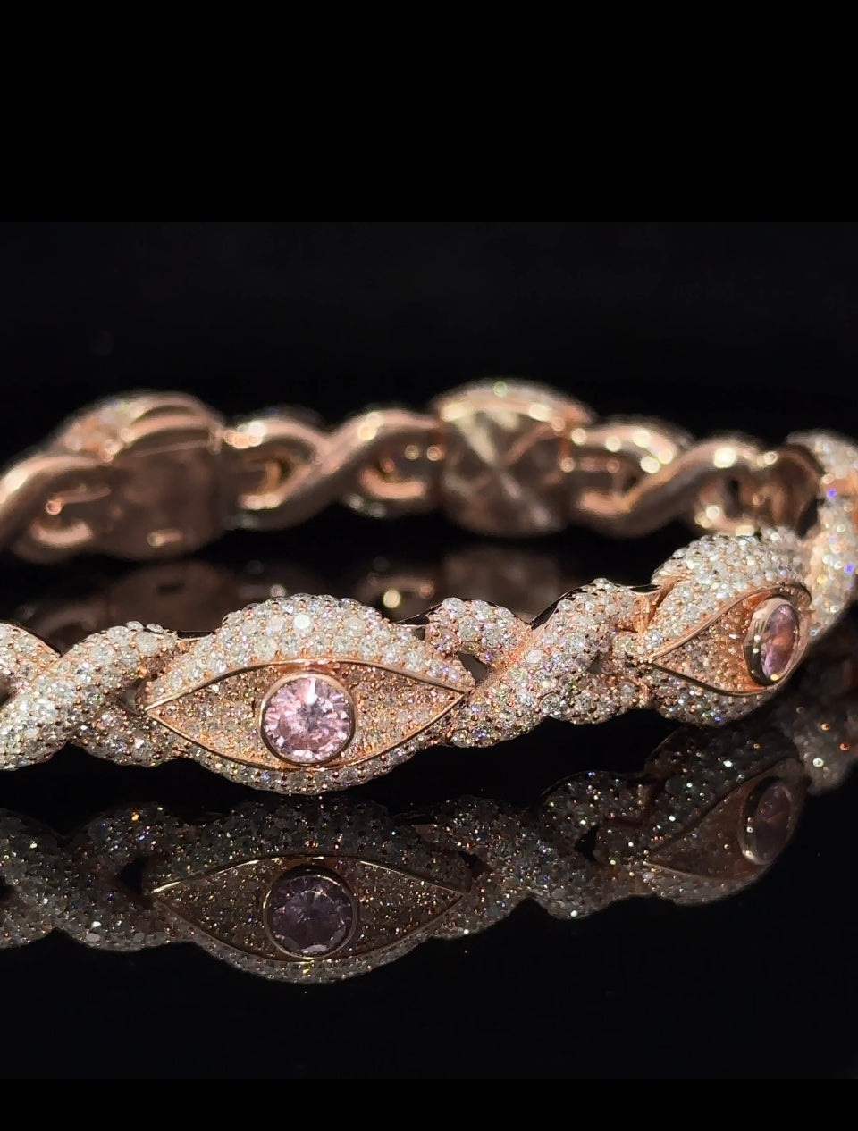 10k Rose gold and diamond Evil Eye Bracelet with pink Gemstones