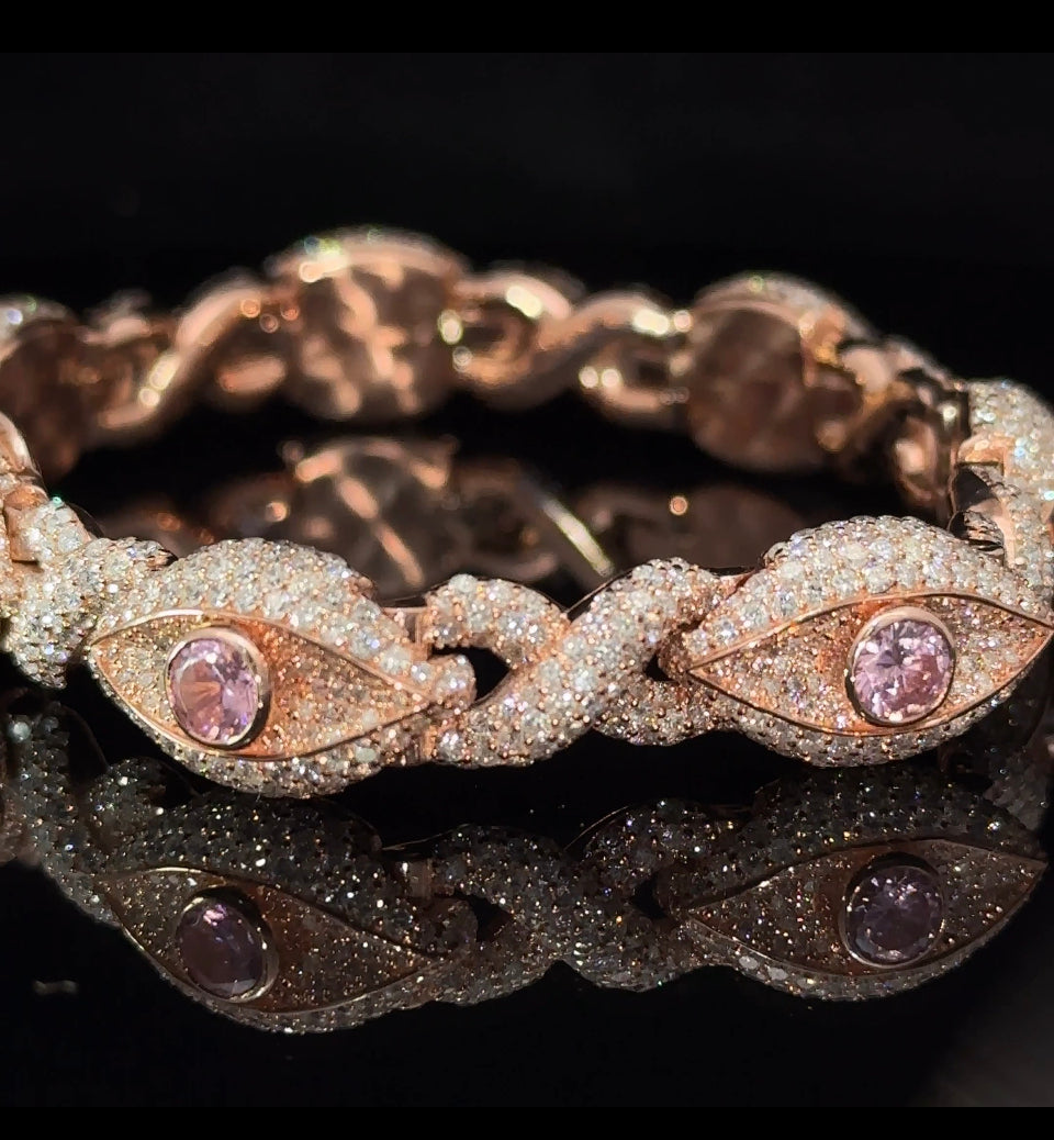 10k Rose gold and diamond Evil Eye Bracelet with pink Gemstones