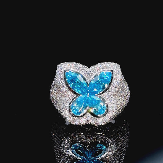 White gold and Diamond butterfly Ring with Blue Fancy Pear Cut  Gem Stones