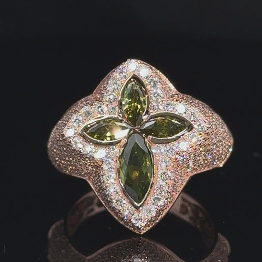 Rose gold and diamond Cross Ring with Green Fancy Pear Cut  Gem Stones