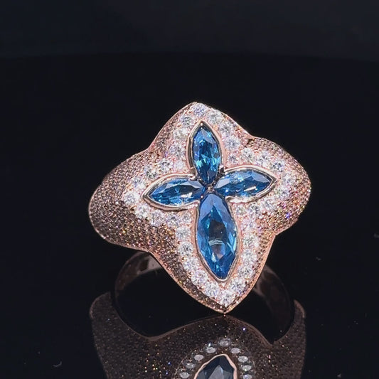Rose gold and diamond Cross Ring with Blue Fancy Pear Cut  Gem Stones