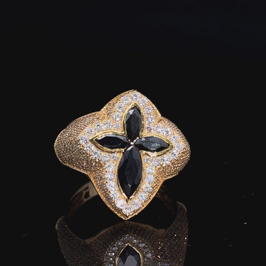 Yellow gold and diamond Cross Ring with Dark Fancy Pear Cut  Gem Stones