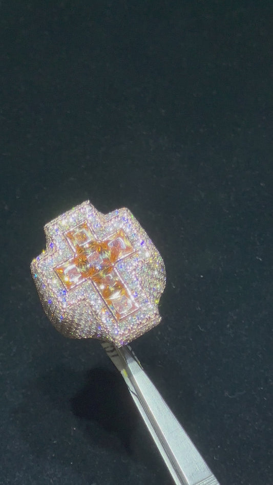 Rose gold and diamond Cross Ring with Fancy Champagne Pear Cut Gem Stones