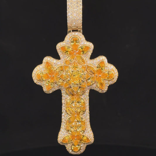 14k yellow gold and 5ct diamond Cross Pendant with round diamonds and yellow stones.