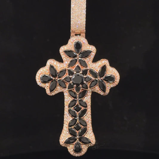 Rose gold and 5ct diamond Cross Pendant with round diamonds and black stones.