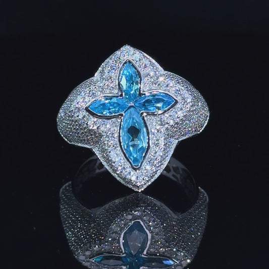 White gold and diamond Cross Ring with Blue Fancy Pear Cut  Gem Stones