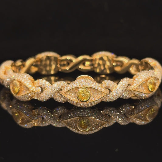 Yellow Gold and Diamond Evil Eye Bracelet with round diamonds and yellow stones