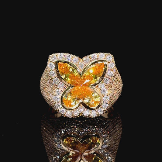 Yellow gold and Diamond butterfly Ring with Yellow Fancy Pear Cut  Gem Stones