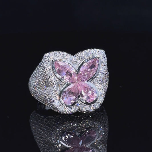 White gold and Diamond butterfly Ring with Pink Fancy Pear Cut  Gem Stones