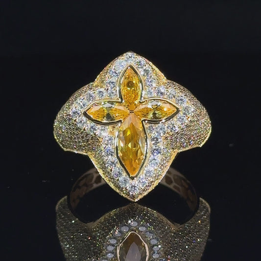 Yellow gold and diamond Cross Ring with Yellow Fancy Pear Cut  Gem Stones