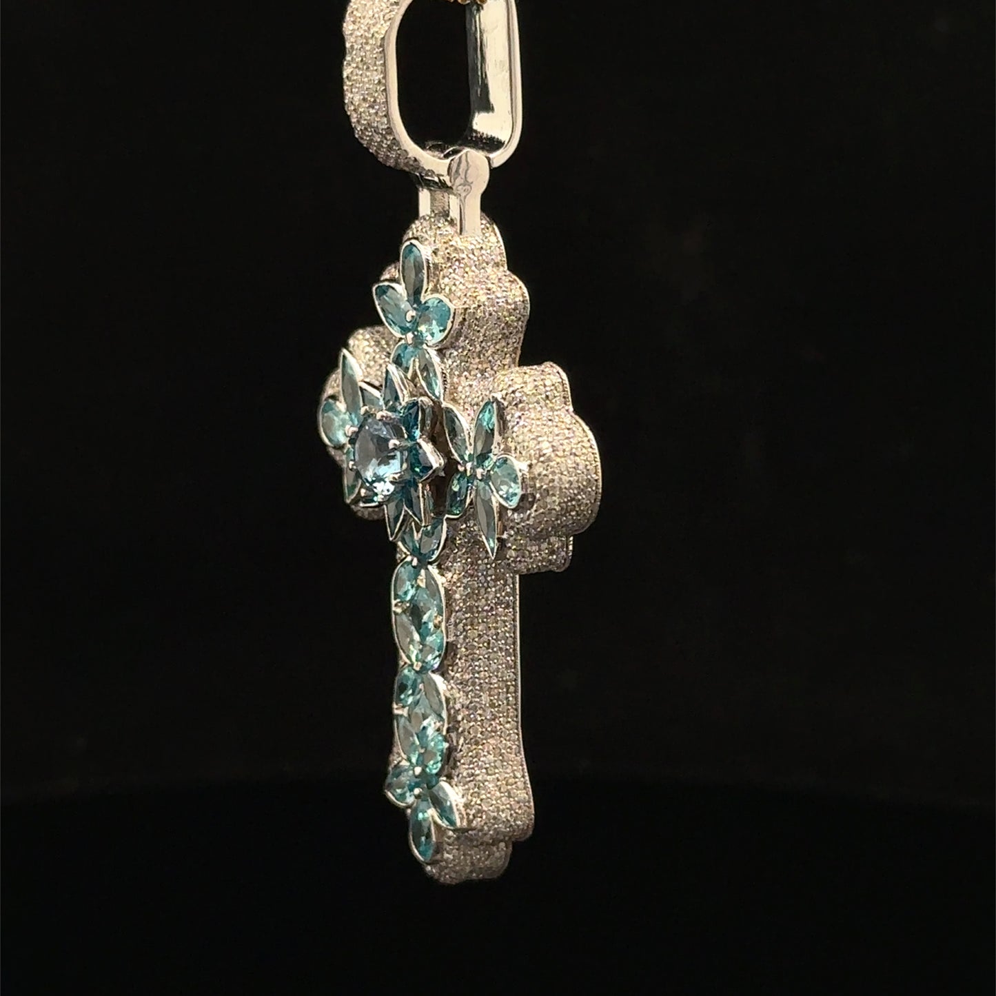 10K White Gold Cross Pendant with Diamonds & Multicolored Stones