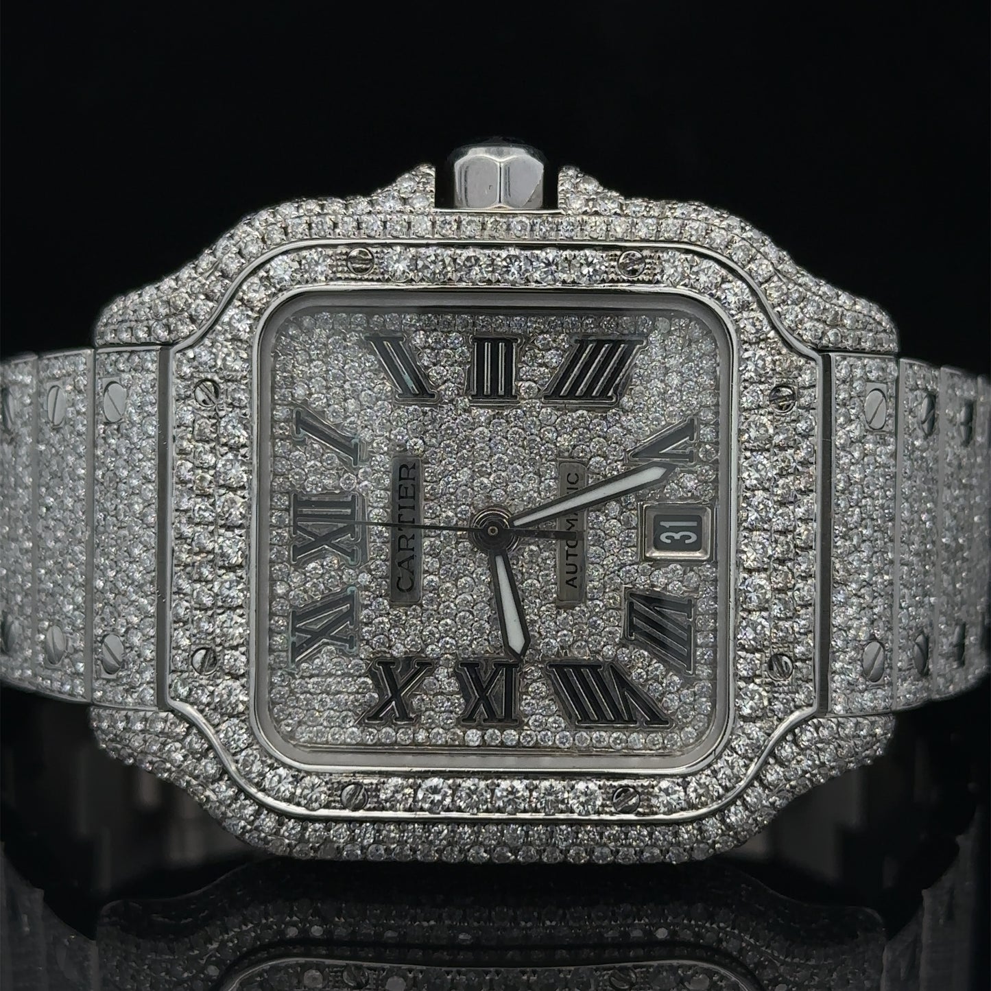 Iced out 40mm Cartier Santos Watch (stainless steel)