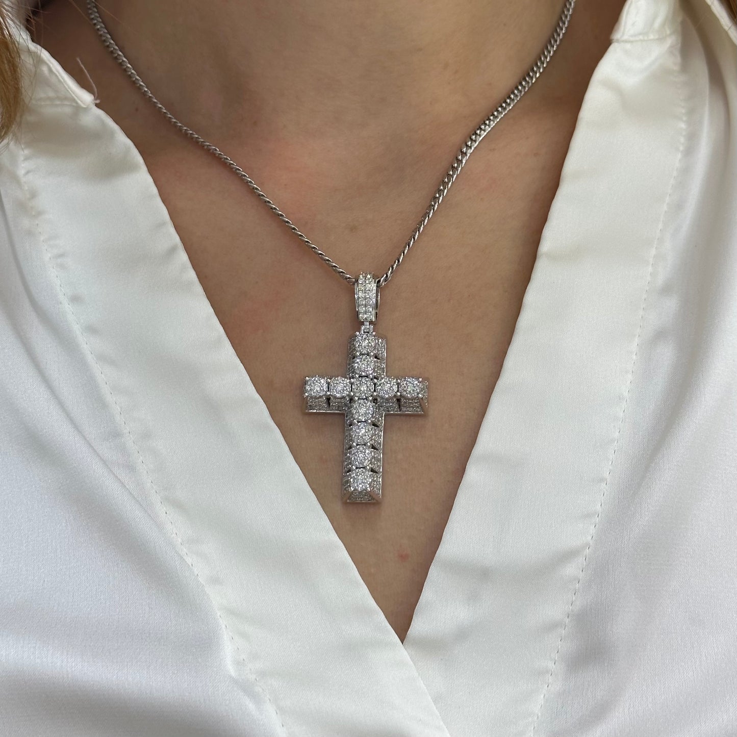 14k white gold and diamond Cross Pendant and 14k white gold Cuban chain