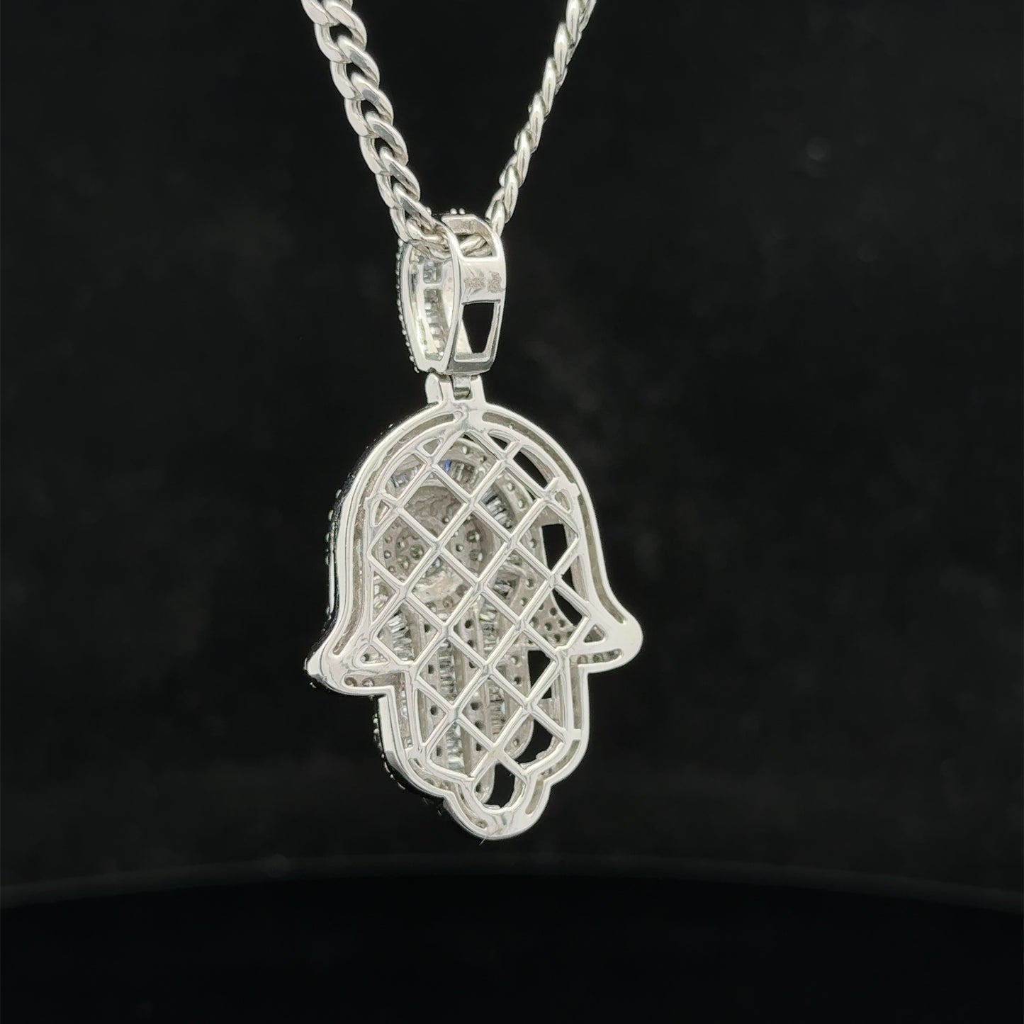 14k white gold and diamond Hamsa pendant and 14k white gold cuban link chain