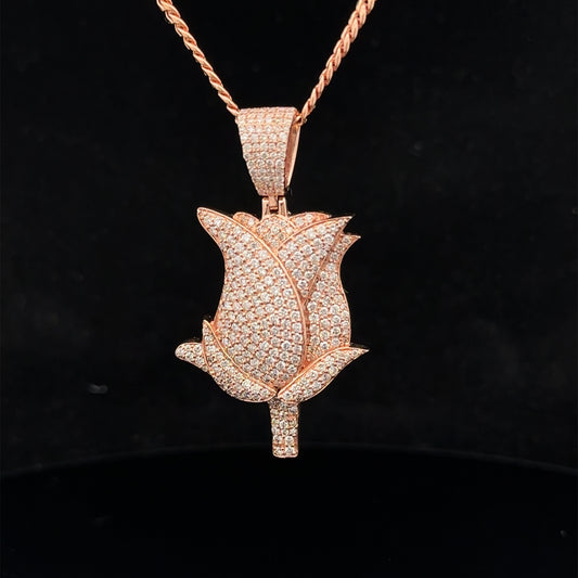 14k rose gold and diamond Rose pendant and 14k gold cuban link chain