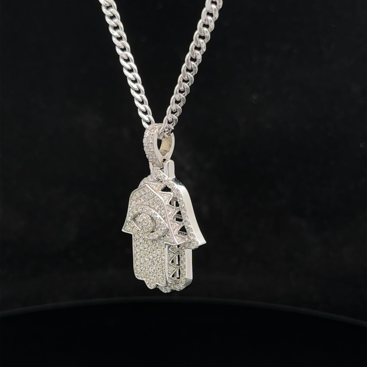 14k white gold and diamond Hamsa pendant and 14k white gold cuban link chain