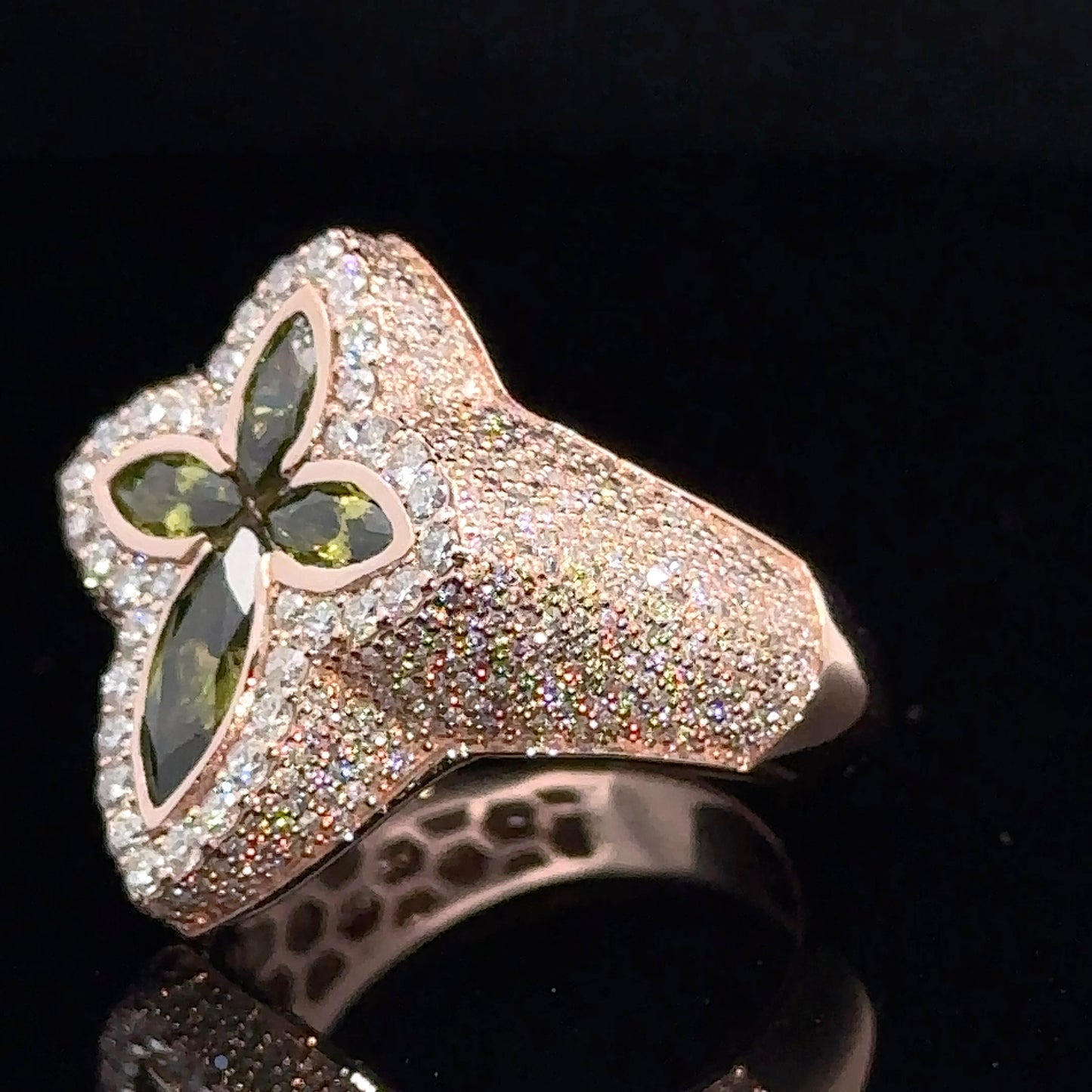 Rose gold and diamond Cross Ring with Green Fancy Pear Cut  Gem Stones