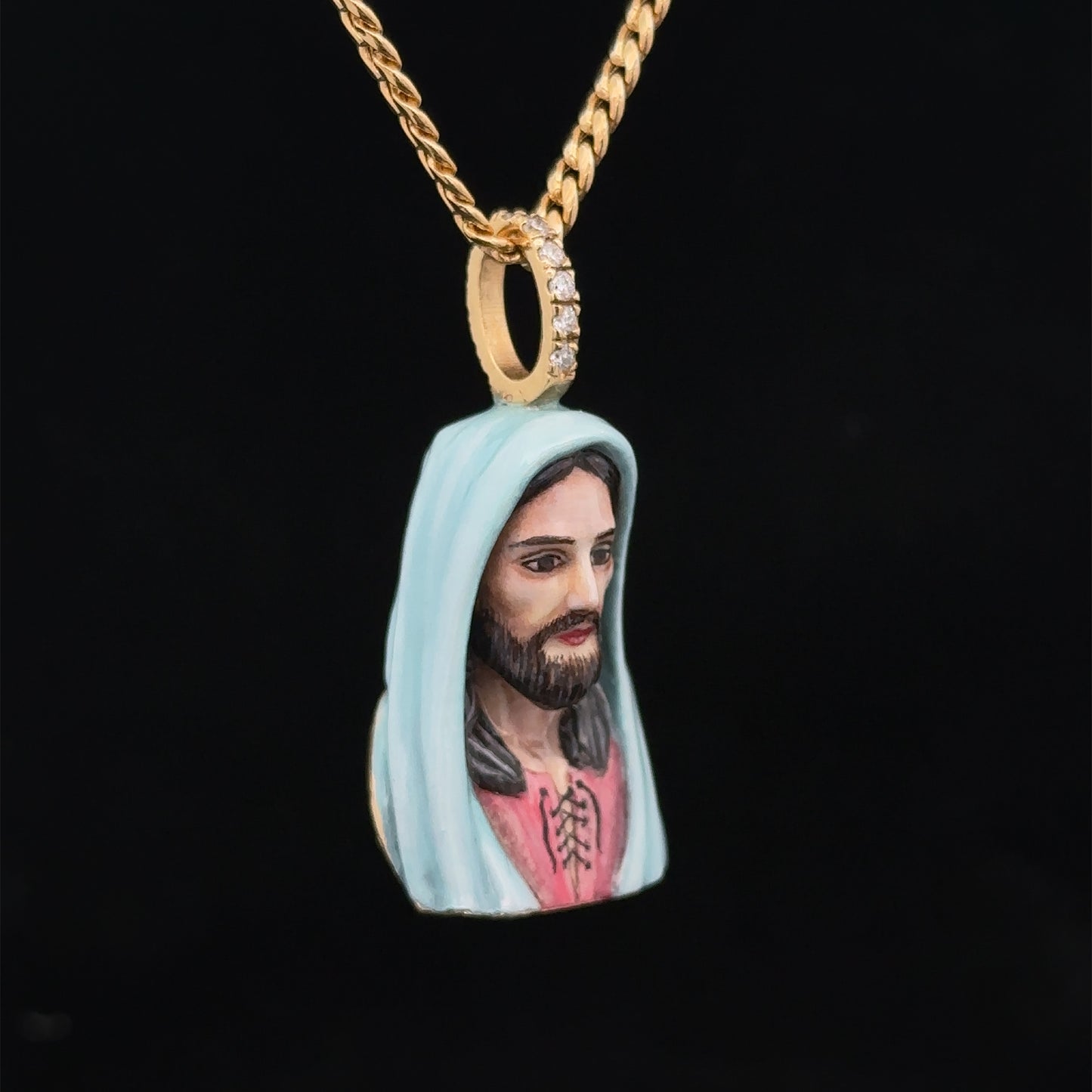 14k yellow gold and diamond Enamel Jesus Head Pendant