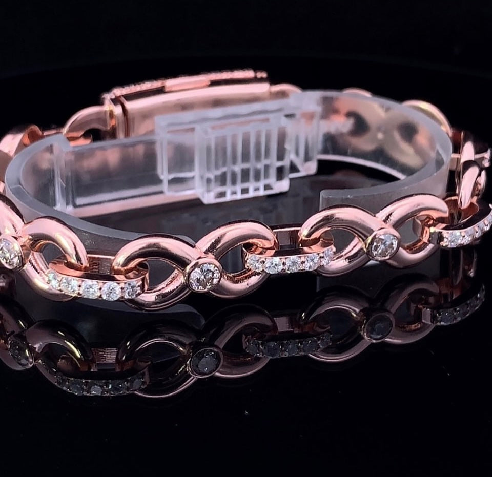 14k Rose Gold Solid Infinity Bracelet 70 grams with High Quality Jumbo 8.80ct Diamonds on Links and Iced out Diamond Lock