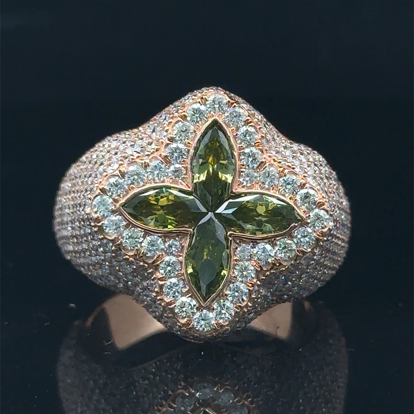Rose gold and diamond Ring with Green Fancy Cut Colored Stones