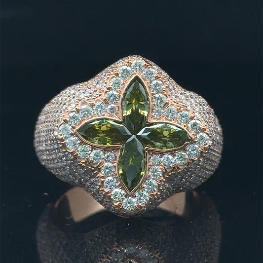 Rose gold and diamond Ring with Green Fancy Cut Colored Stones