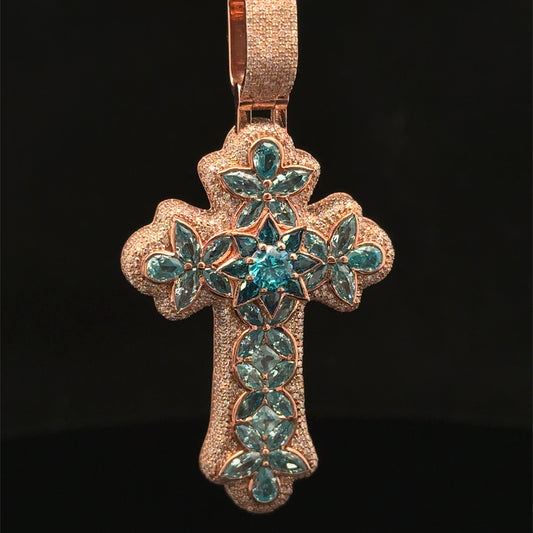 10K Rose Gold Cross Pendant with Diamonds & Multicolored Stones