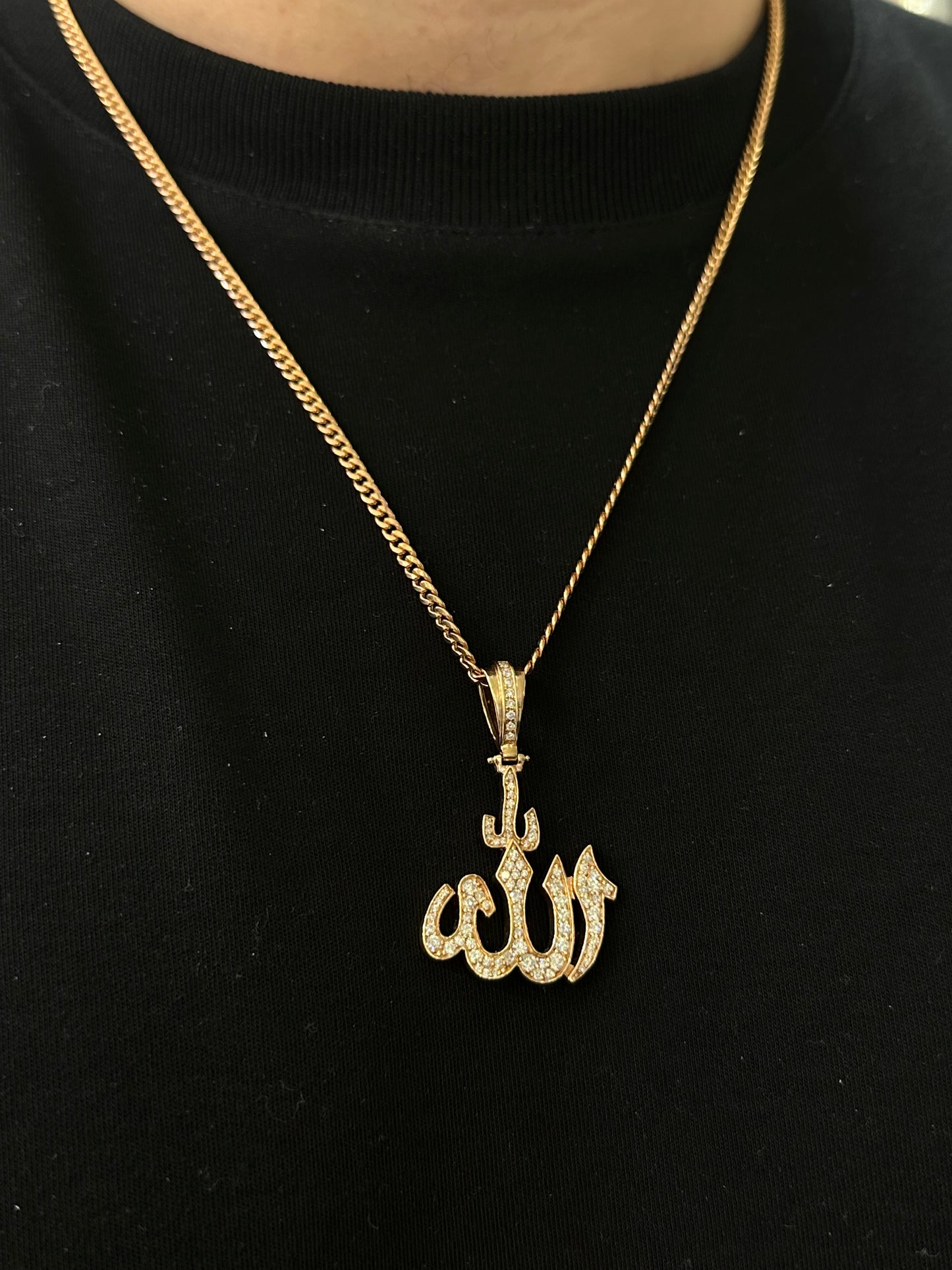 14k rose gold and diamond Allah pendant and 14k rose gold cuban link chain