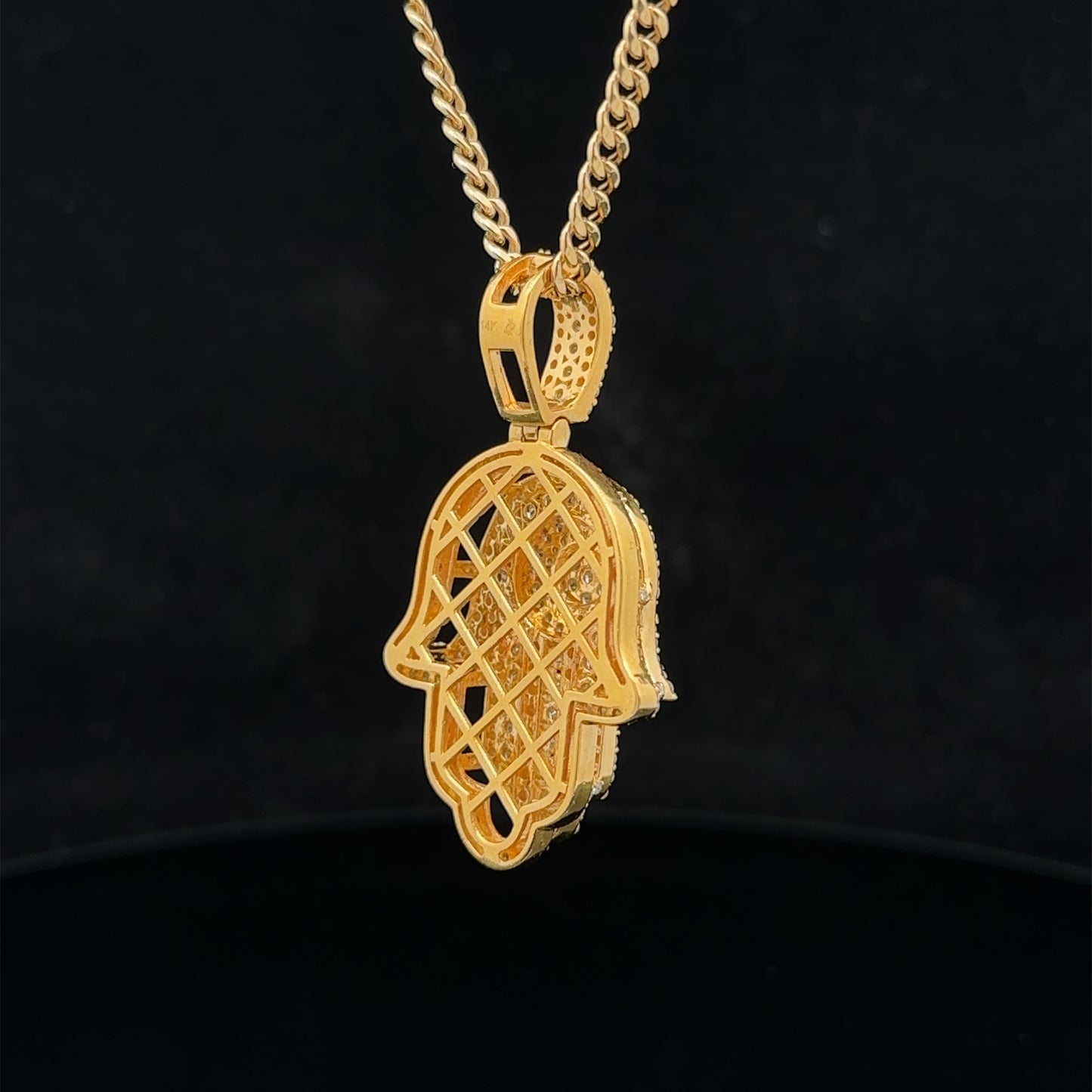 14k yellow gold and diamond Hamsa pendant and 14k yellow gold cuban link chain