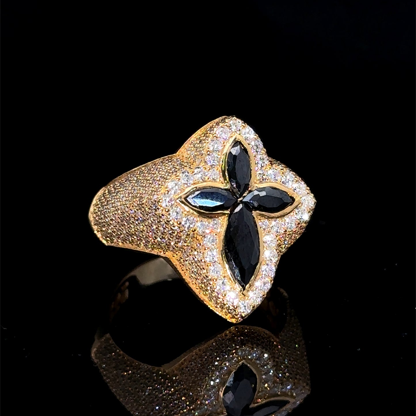 Yellow gold and diamond Cross Ring with Dark Fancy Pear Cut  Gem Stones