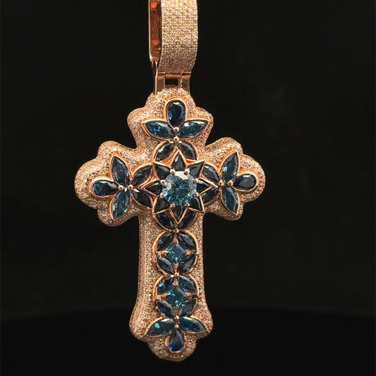 10K Rose Gold Cross Pendant with Diamonds & Multicolored Stones