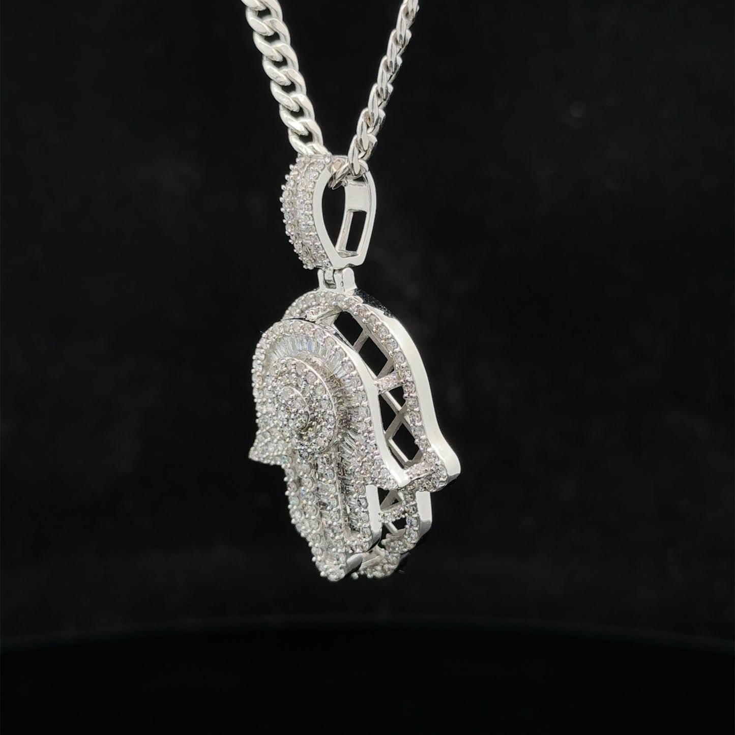 14k white gold and diamond Hamsa pendant and 14k white gold cuban link chain