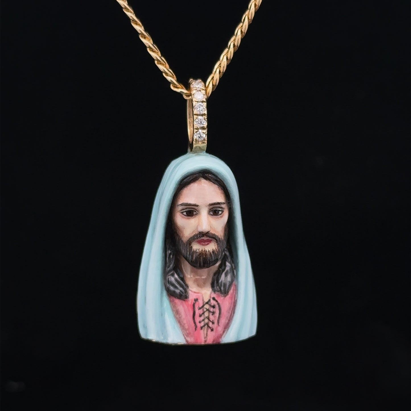 14k yellow gold and diamond Enamel Jesus Head Pendant