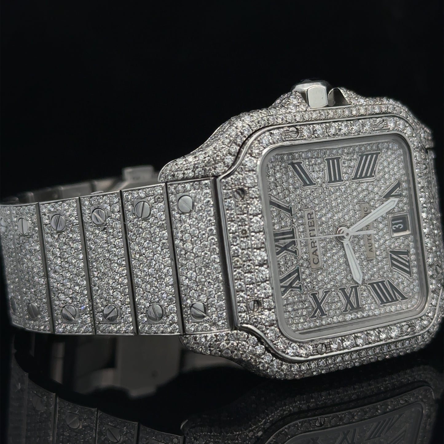 Iced out 40mm Cartier Santos Watch (stainless steel)