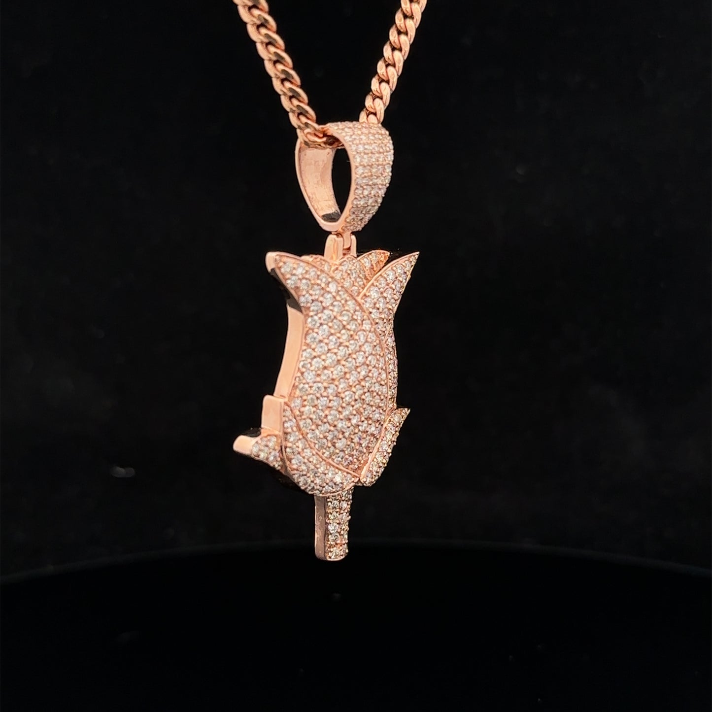 14k rose gold and diamond Rose pendant and 14k gold cuban link chain