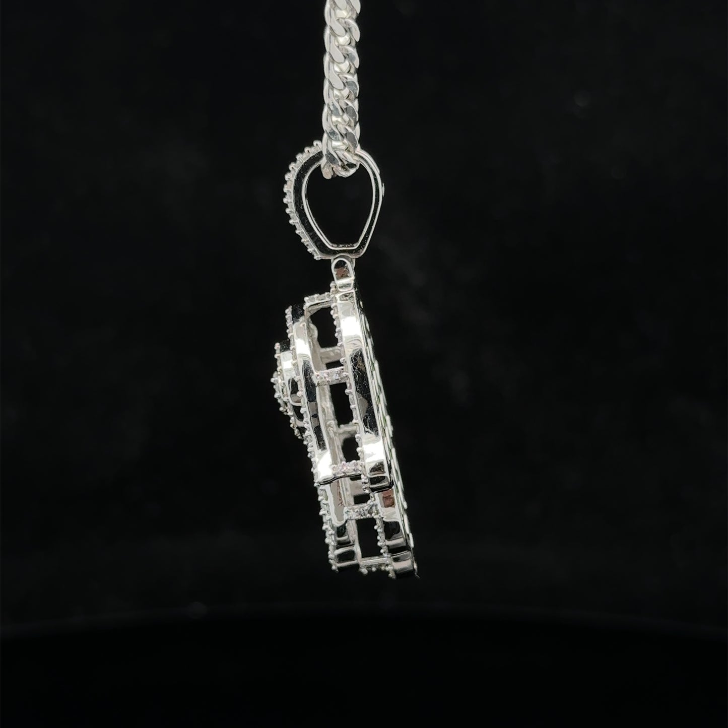 14k white gold and diamond Hamsa pendant and 14k white gold cuban link chain