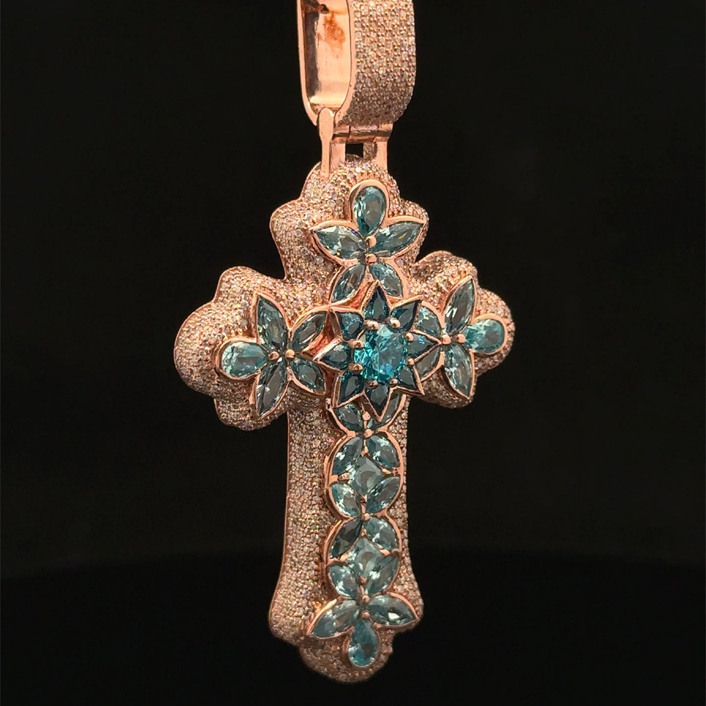 10K Rose Gold Cross Pendant with Diamonds & Multicolored Stones