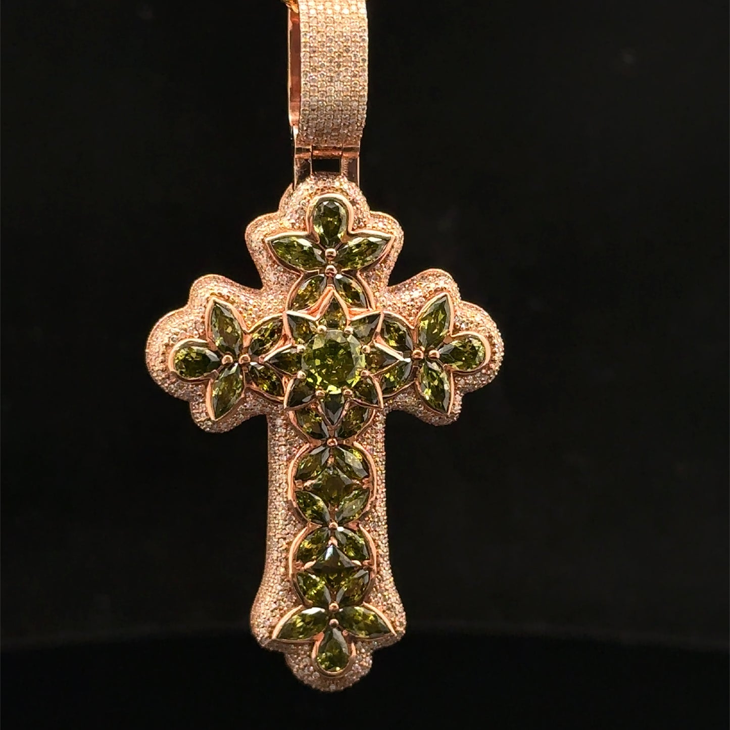 10K Rose Gold Cross Pendant with Diamonds & Multicolored Stones