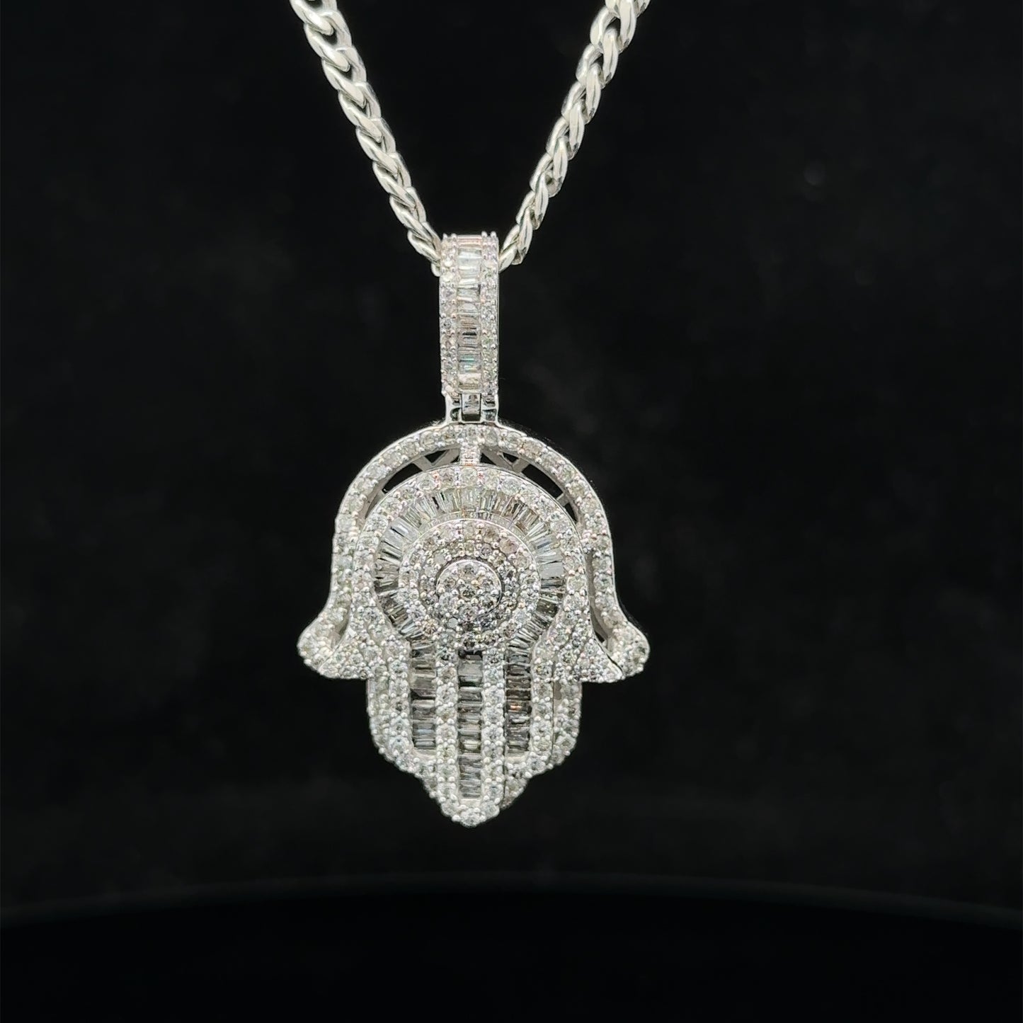 14k white gold and diamond Hamsa pendant and 14k white gold cuban link chain