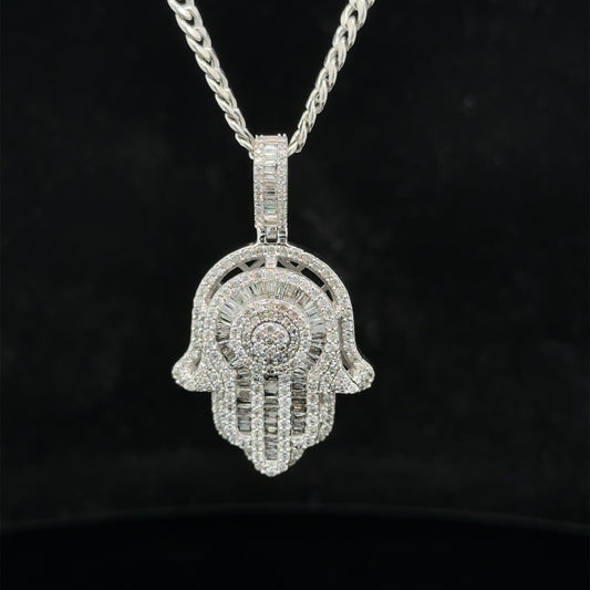 14k white gold and diamond Hamsa pendant and 14k white gold cuban link chain