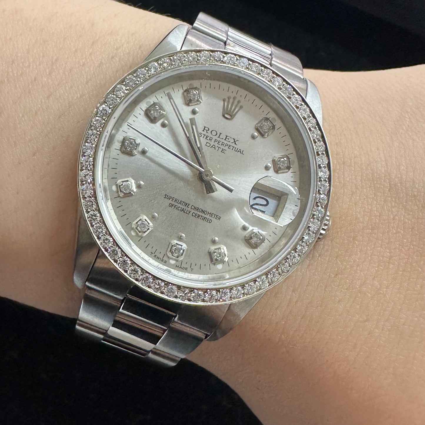 34mm Rolex Diamond Watch with Stainless Steel Oyster Bracelet