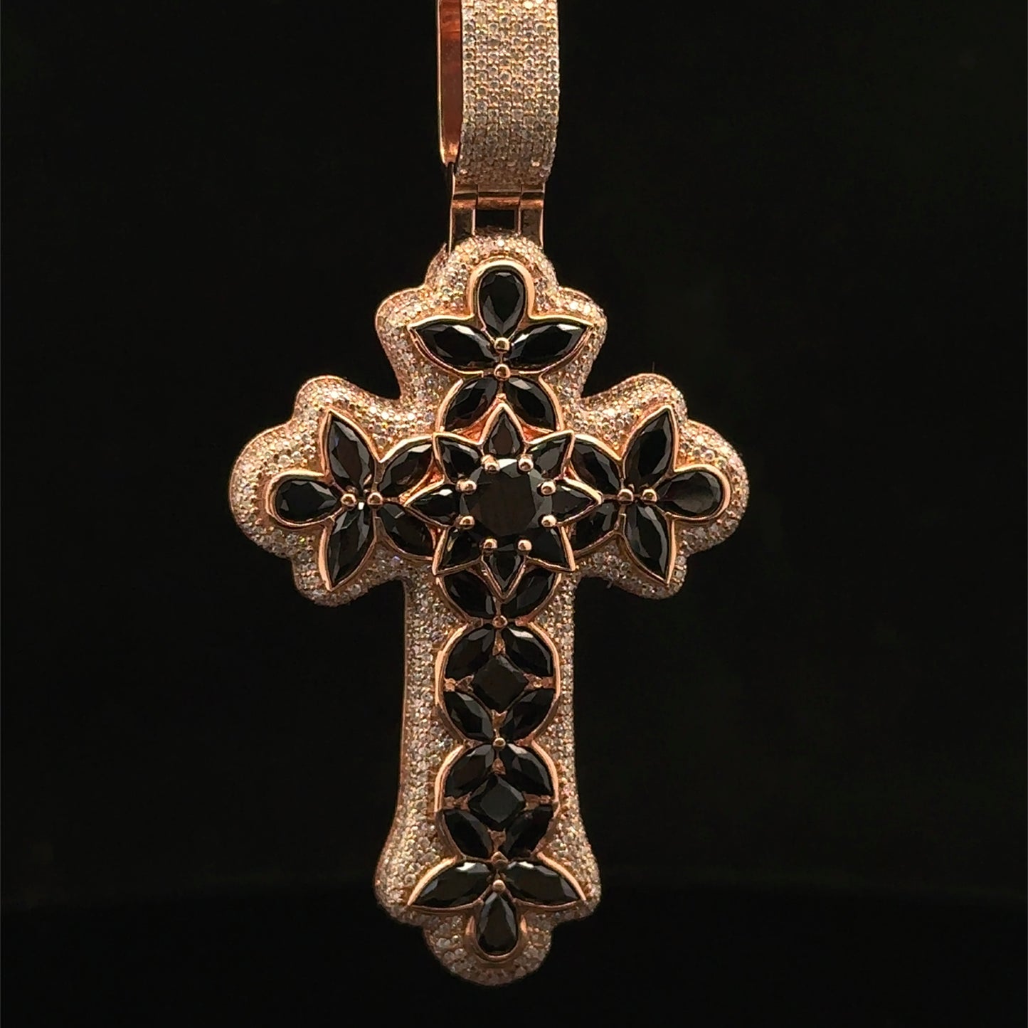 10K Rose Gold Cross Pendant with Diamonds & Multicolored Stones