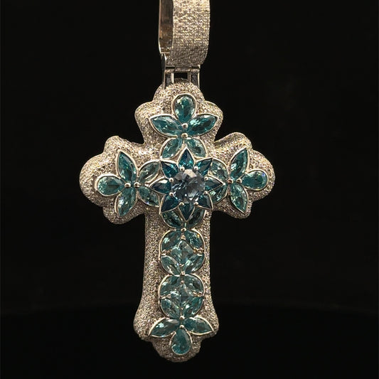 10K White Gold Cross Pendant with Diamonds & Multicolored Stones