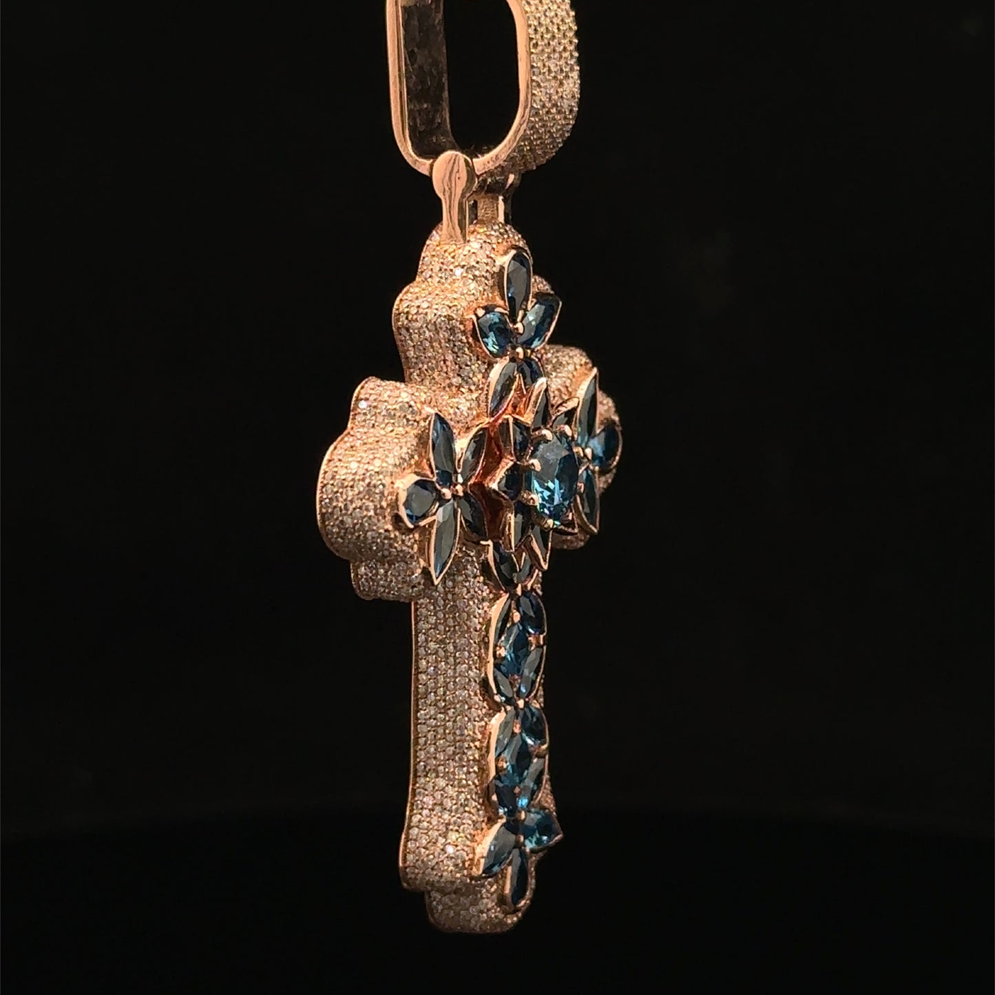 10K Rose Gold Cross Pendant with Diamonds & Multicolored Stones