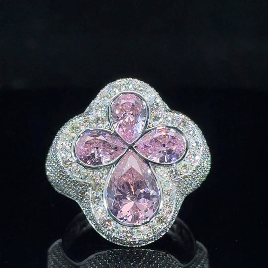 White gold and diamond Cross Ring with Pink Fancy Pear Cut  Gem Stones